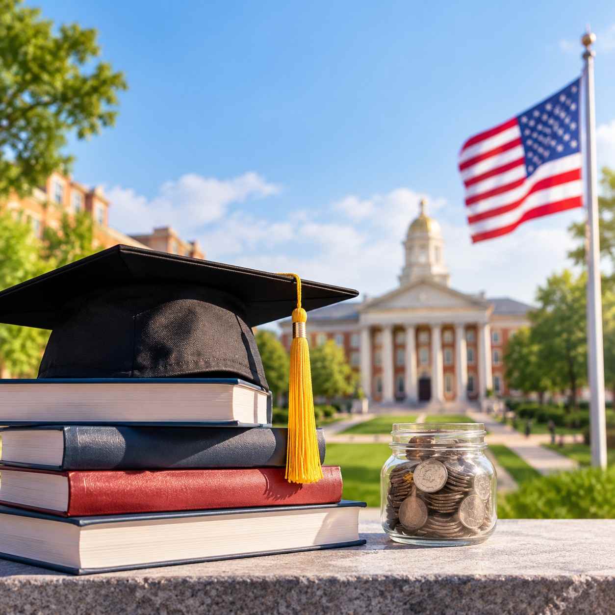 Alt text: Graduation cap and books beside coins, a calculator, and notebook, with the New York City skyline and American flag in the background, representing affordable MBA education costs in the USA.